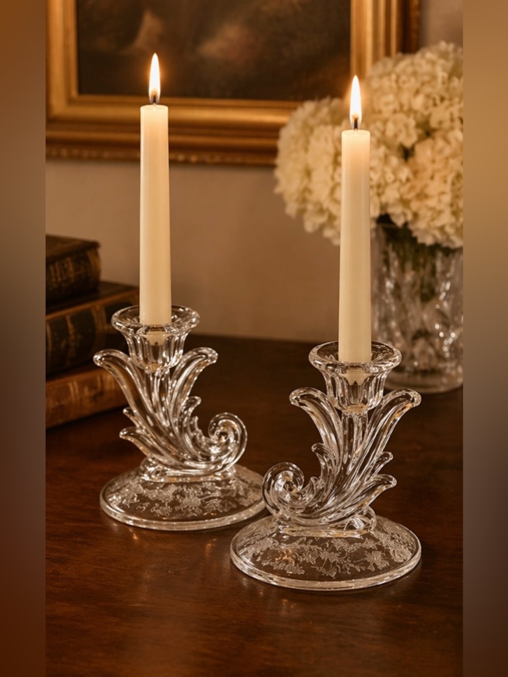 Pristine Vintage Fostoria Baroque Crystal Candlestick Pair Etched Base 3.75”